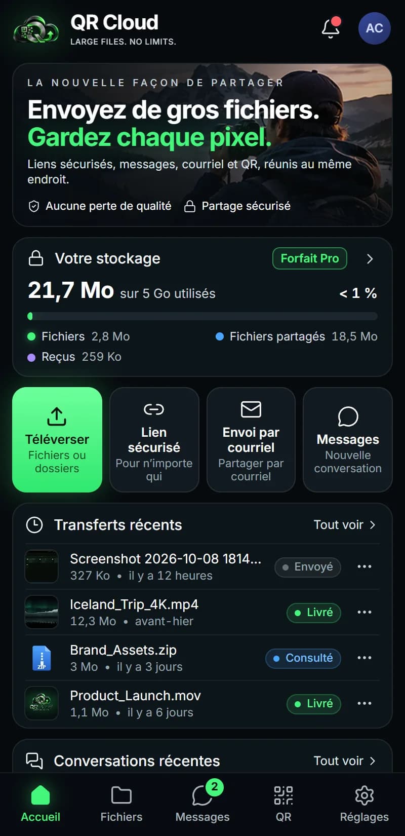 QR Cloud — Tableau de bord sur mobile