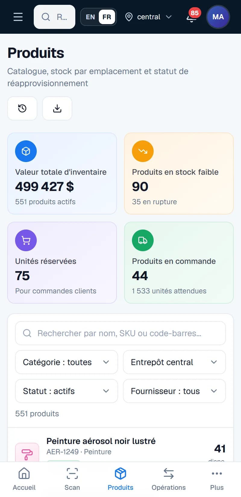 Xanotek Inventory — Produits sur mobile