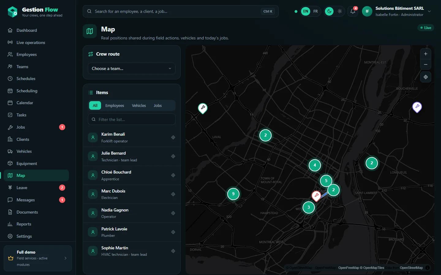 Gestion Flow — Live map
