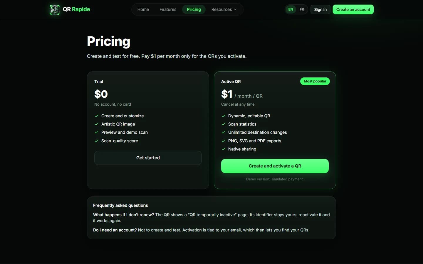 QR Rapide — Pricing