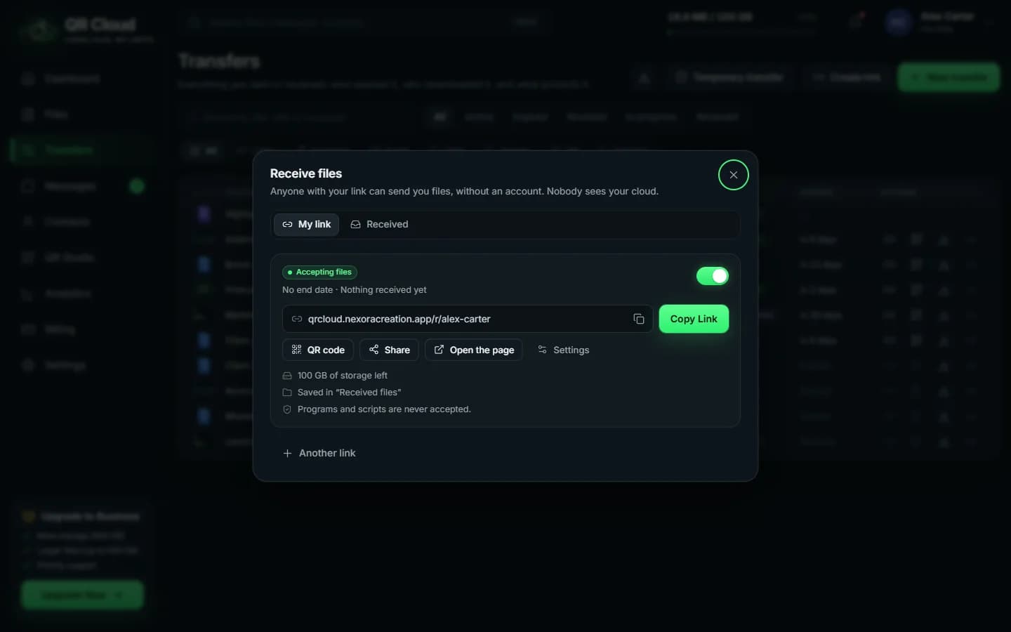 QR Cloud — Receive link