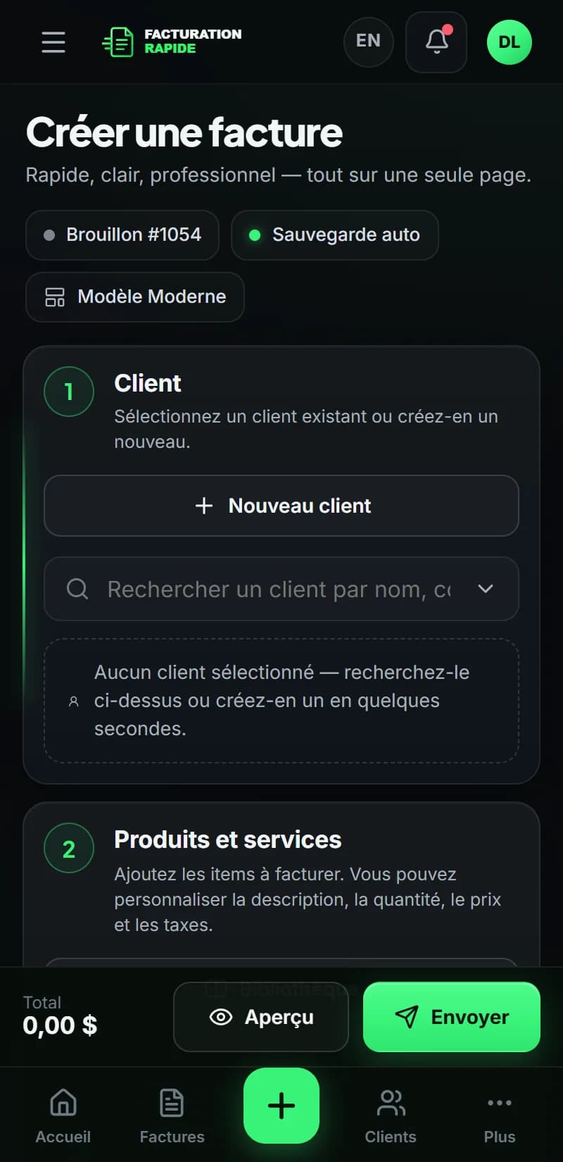 Facturation Rapide — Nouvelle facture sur mobile