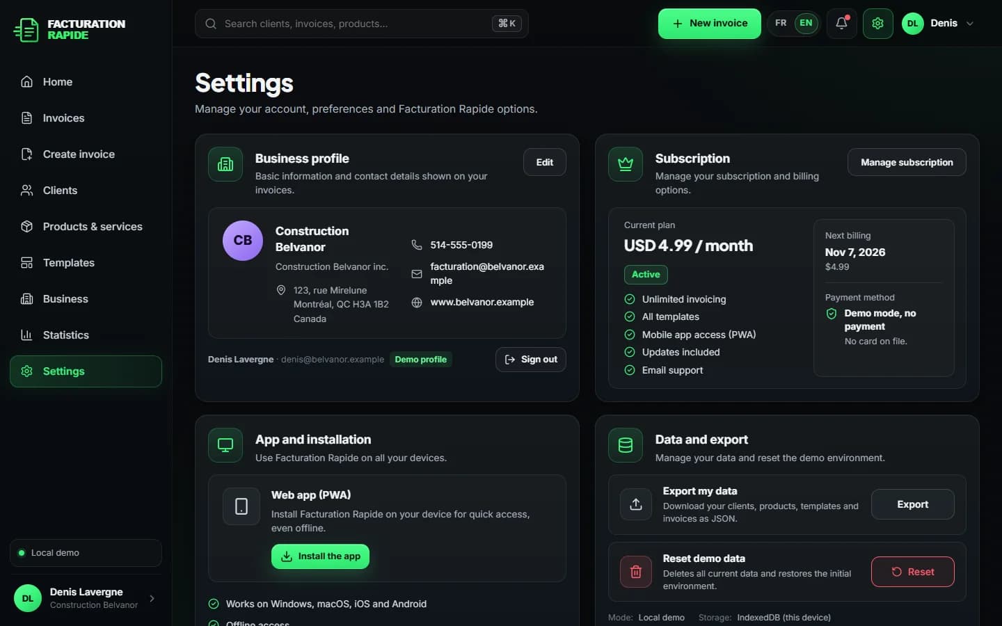 Facturation Rapide — Settings and plan