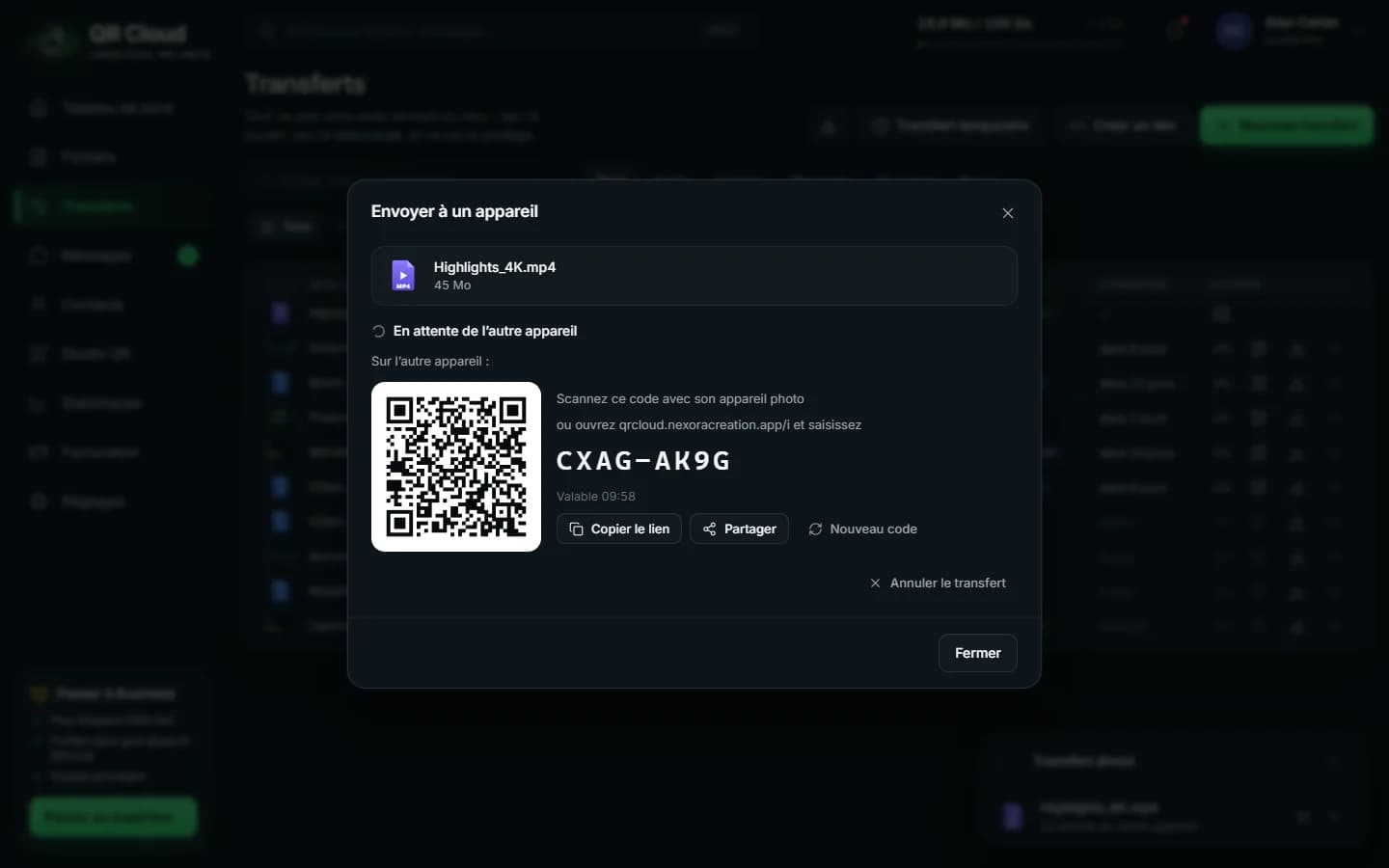 QR Cloud — Transfert direct : code temporaire et code QR