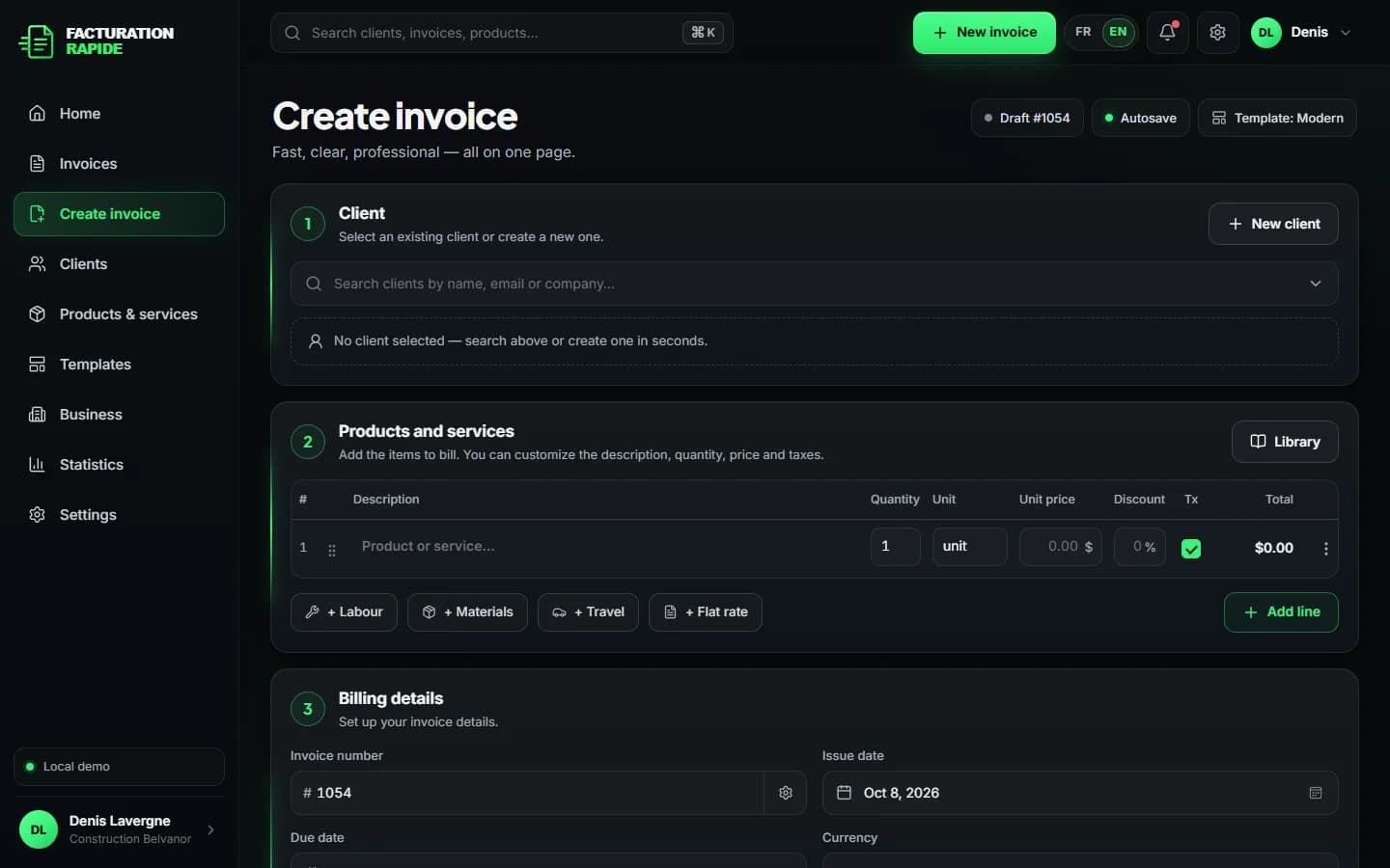 Facturation Rapide — One-page invoice