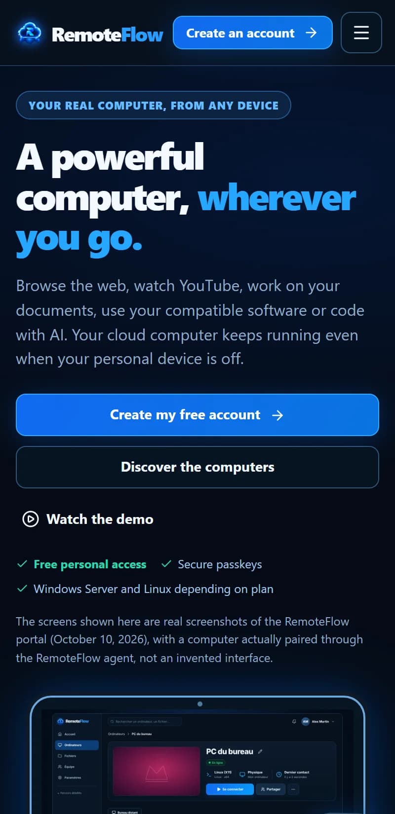 RemoteFlow — Home on mobile