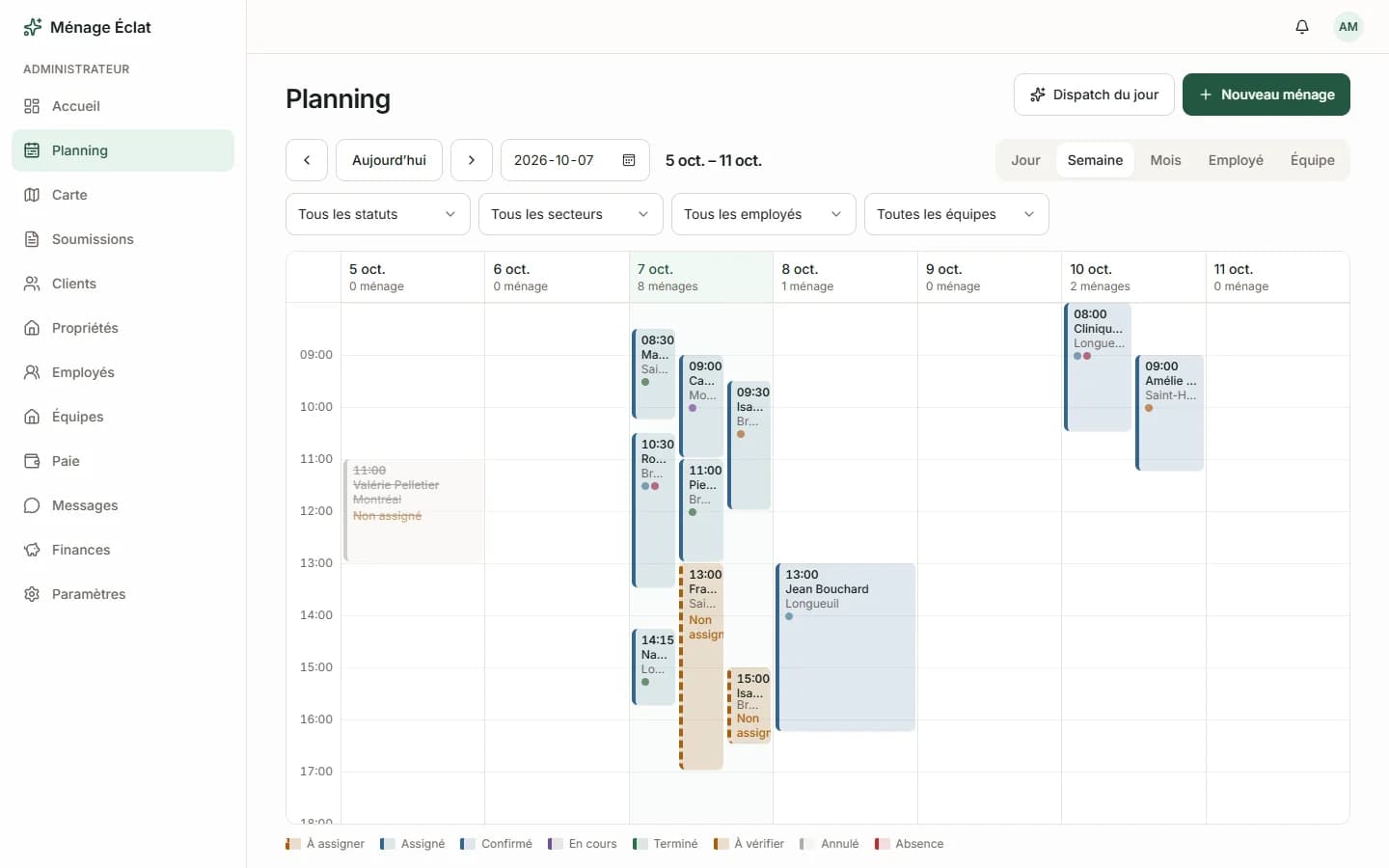 Ménage Éclat — Planning des équipes