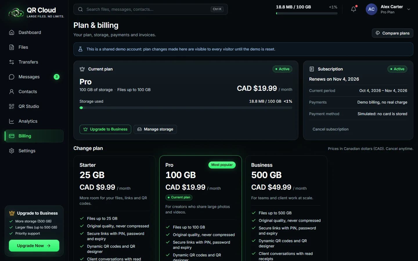 QR Cloud — Plan and billing