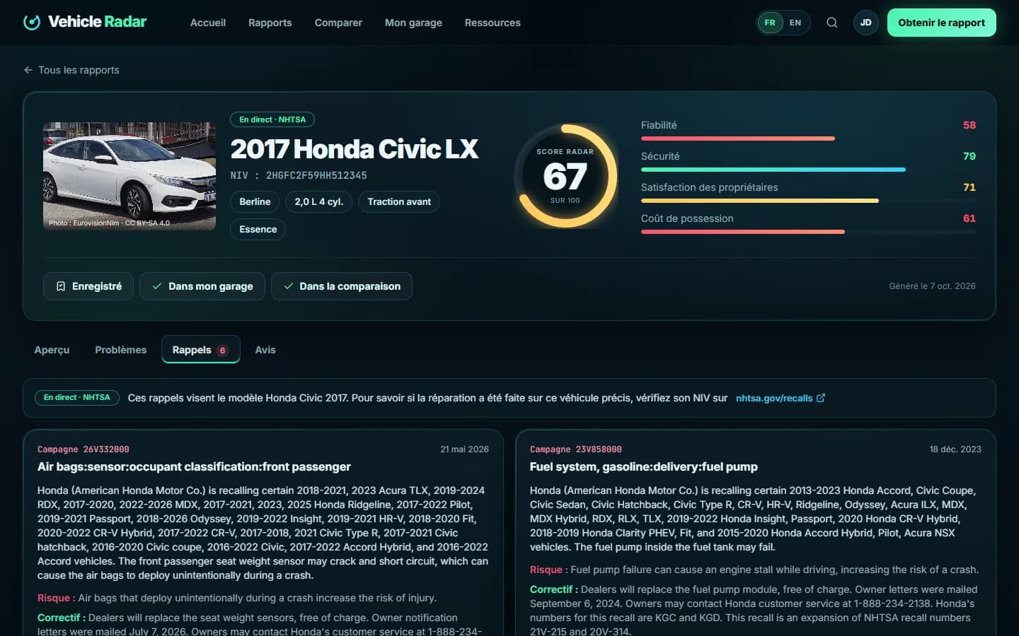 Vehicle Radar — Rappels de sécurité