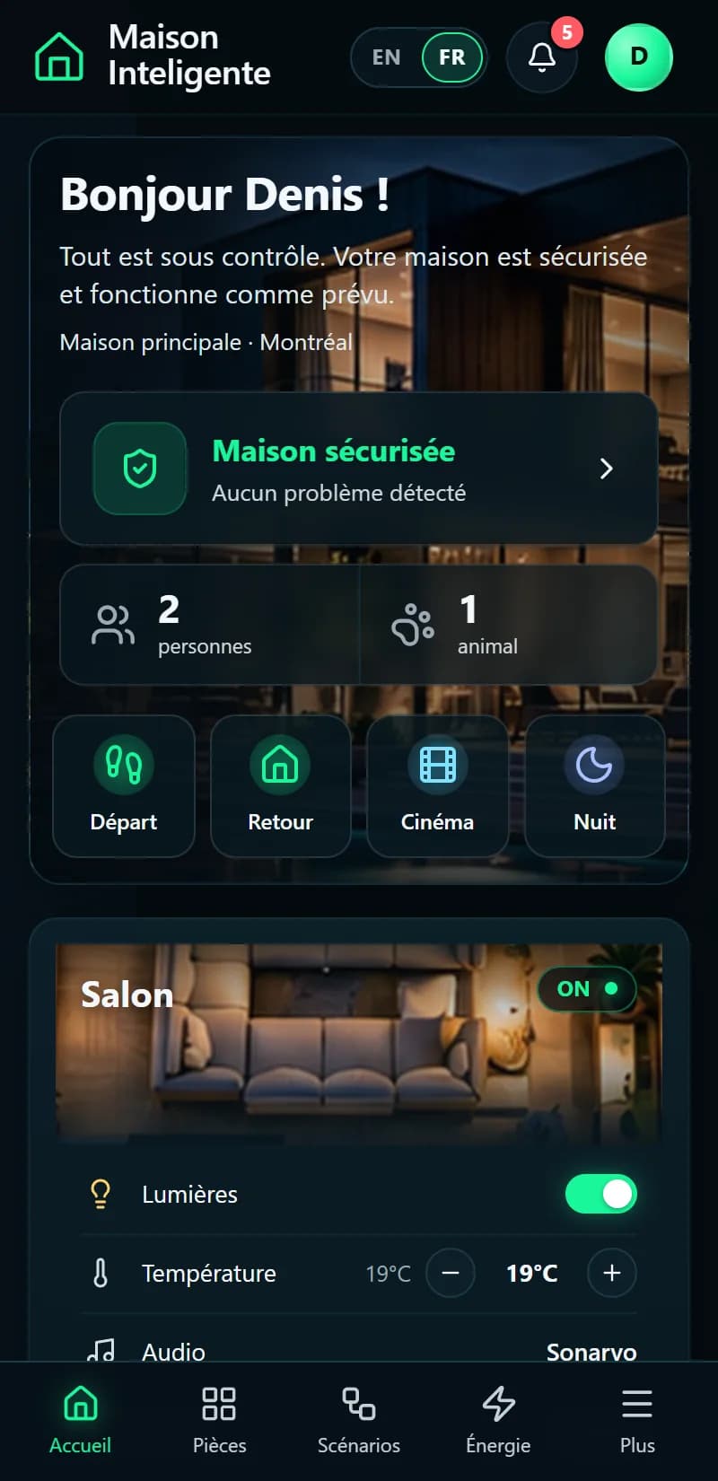 Maison Inteligente — Tableau de bord sur mobile