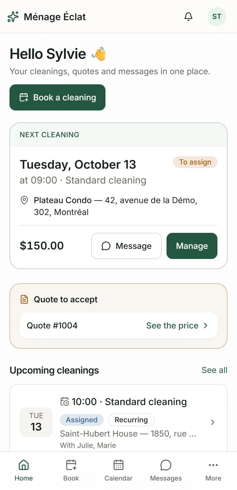 Ménage Éclat — Client space on mobile