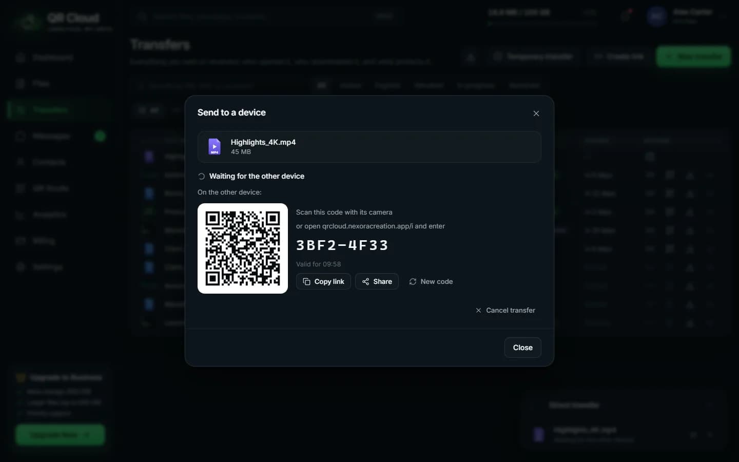 QR Cloud — Direct transfer: temporary code and QR code