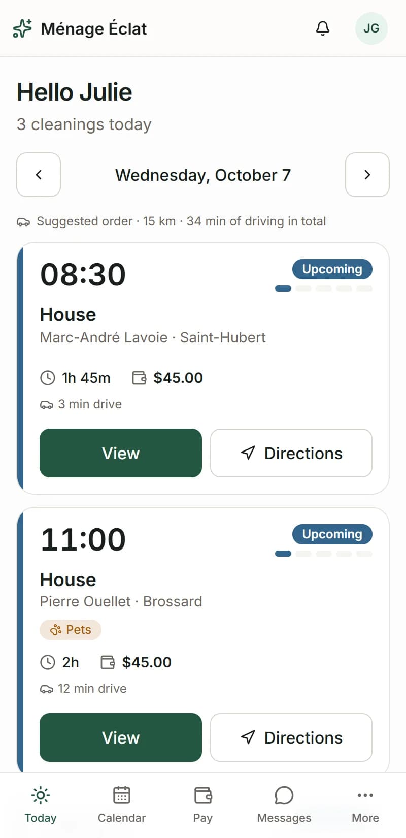 Ménage Éclat — Employee app: today's jobs