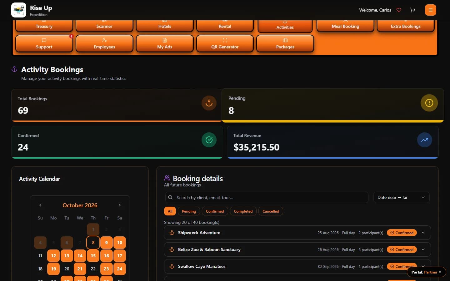 Rise Up Expedition — Partner portal: activity bookings