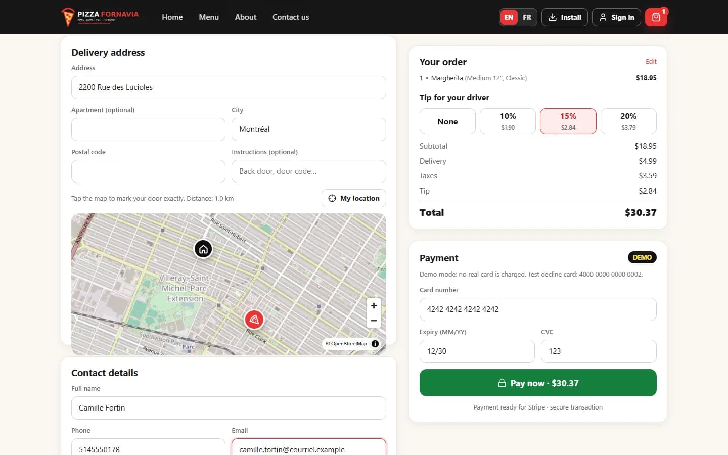 Delivery App — Simulated payment