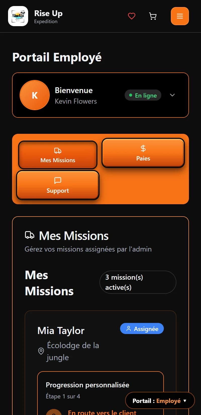 Rise Up Expedition — Portail employé sur mobile : missions