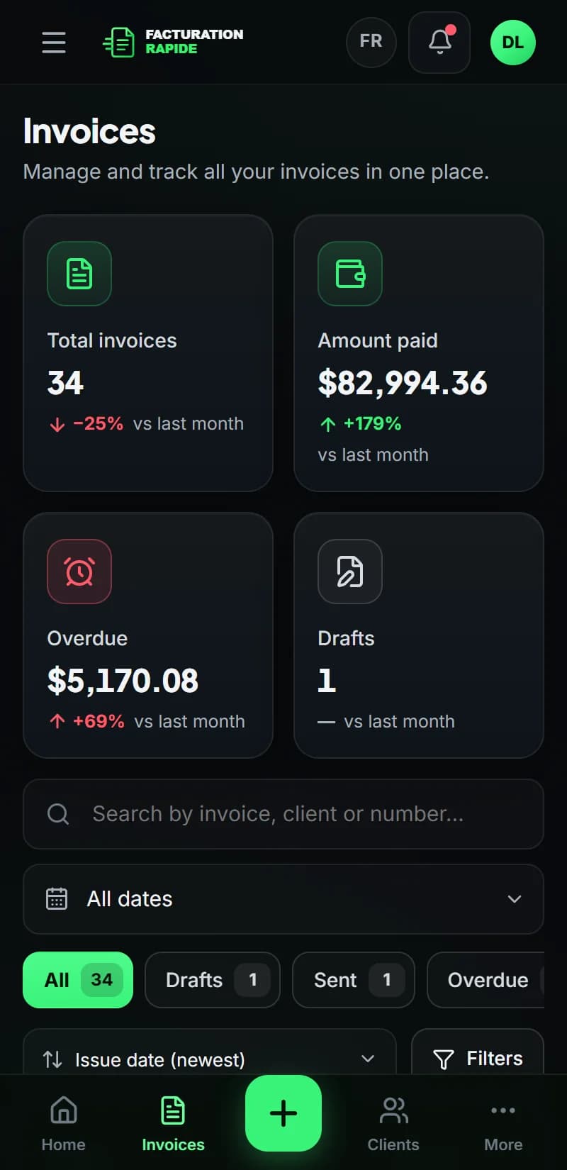 Facturation Rapide — Invoices on mobile