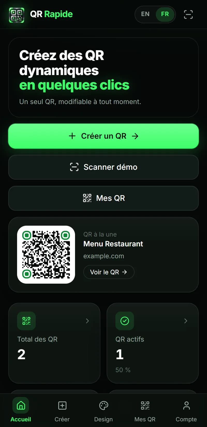 QR Rapide — Tableau de bord sur mobile