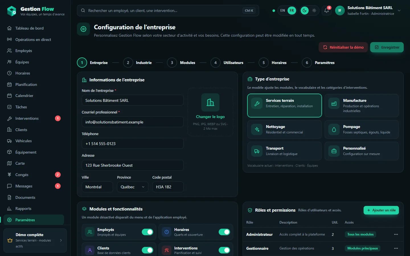 Gestion Flow — Configuration de l'entreprise