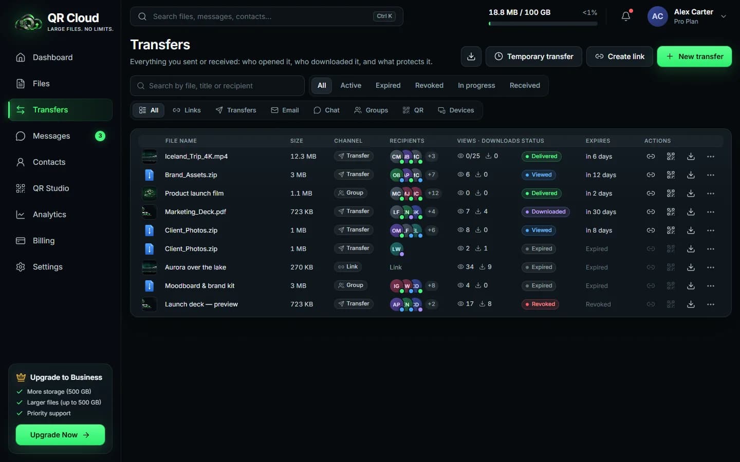 QR Cloud — Transfers: links, direct transfers and deposits