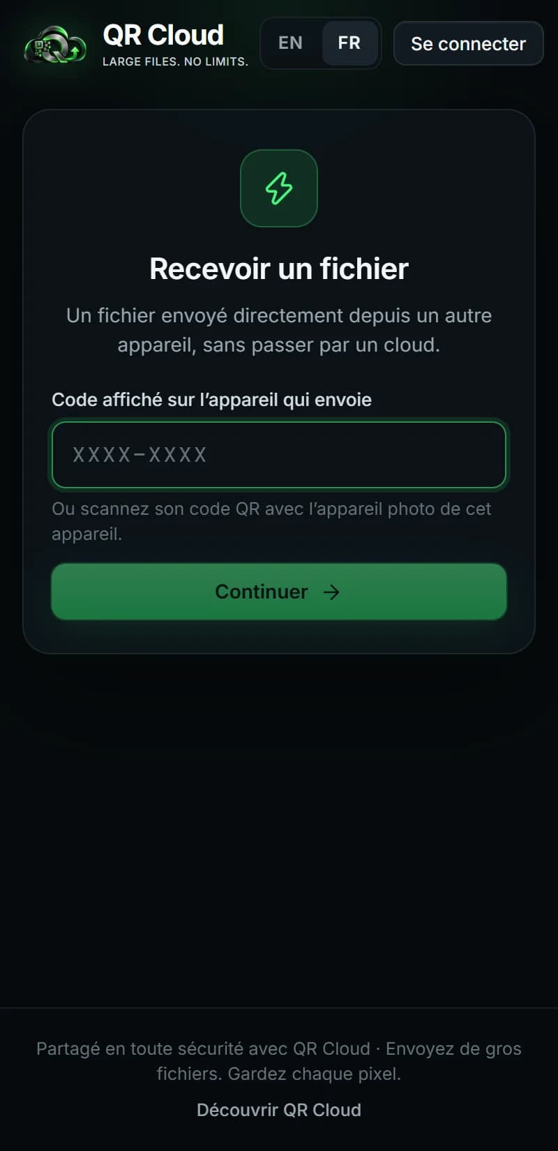 QR Cloud — Recevoir un fichier en direct, sans compte