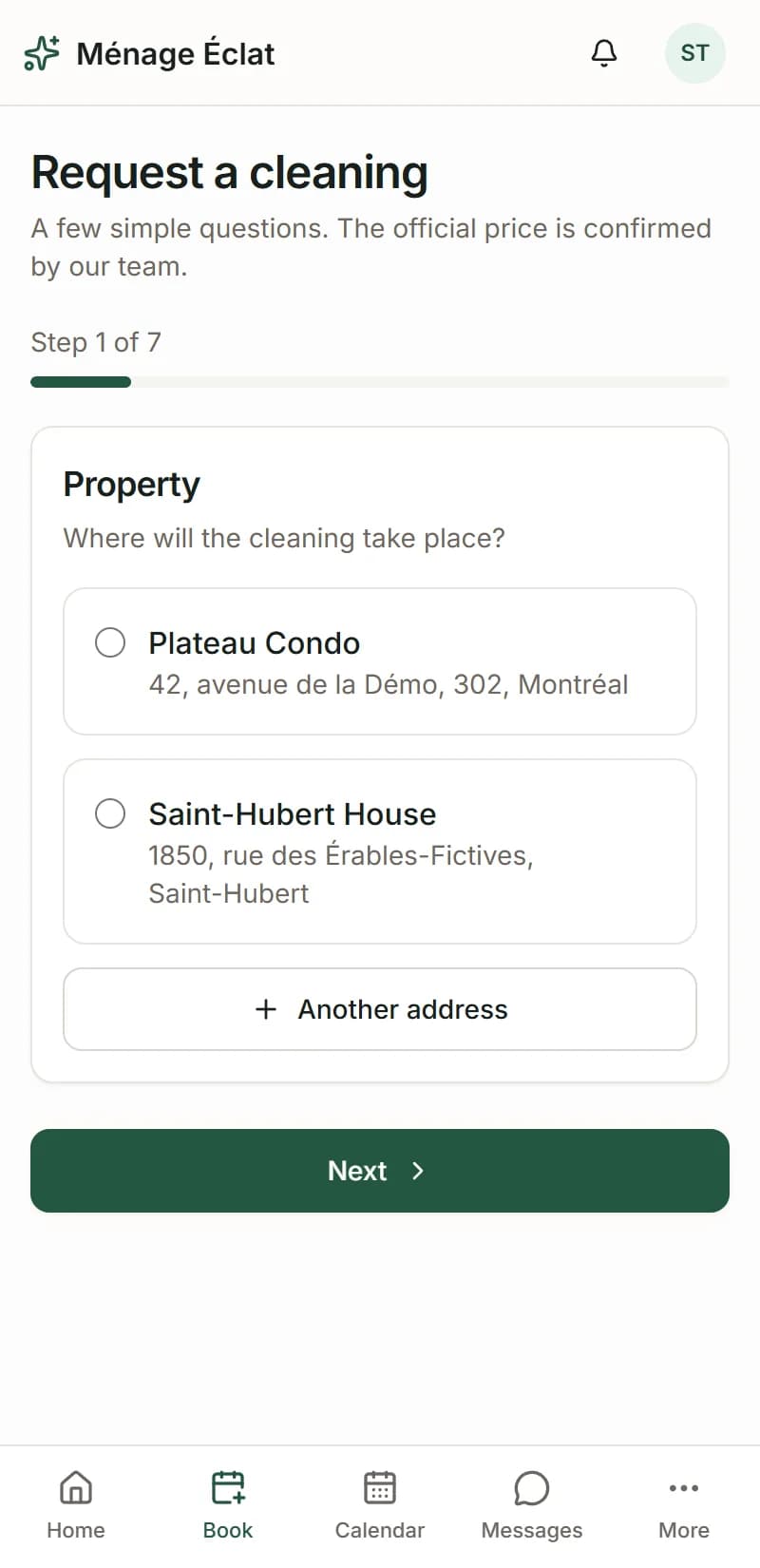 Ménage Éclat — Client booking on mobile
