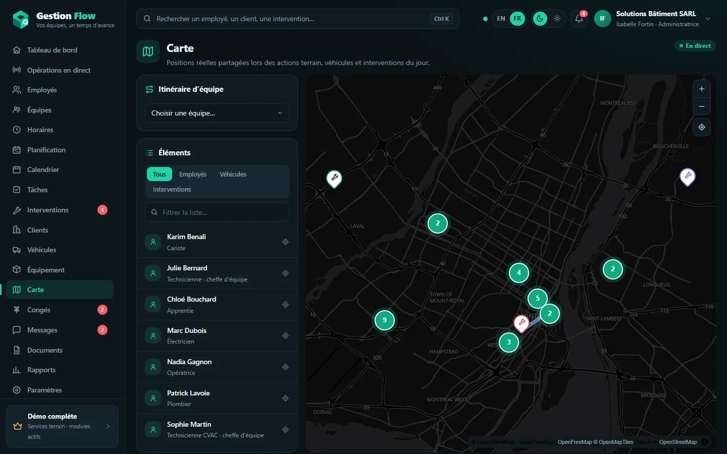 Gestion Flow — Carte en direct