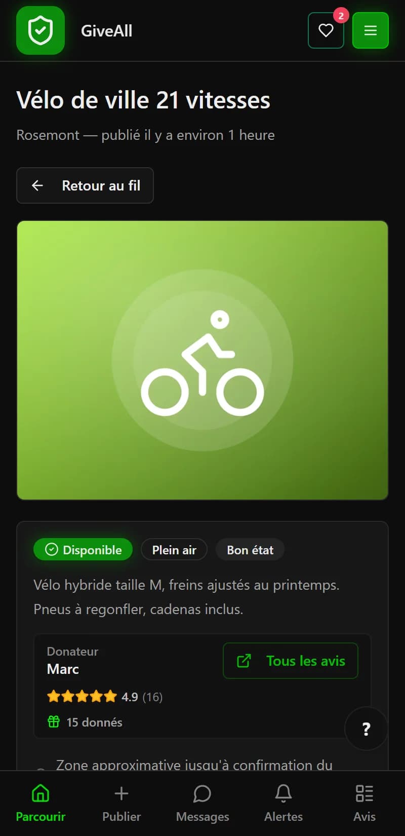 GiveAll — Fiche d'un objet sur mobile