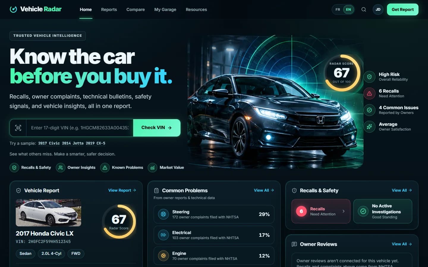 Vehicle Radar — Home and VIN search
