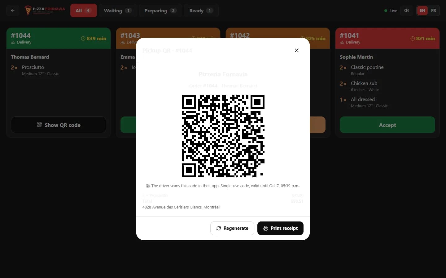 Delivery App — QR code of a ready order