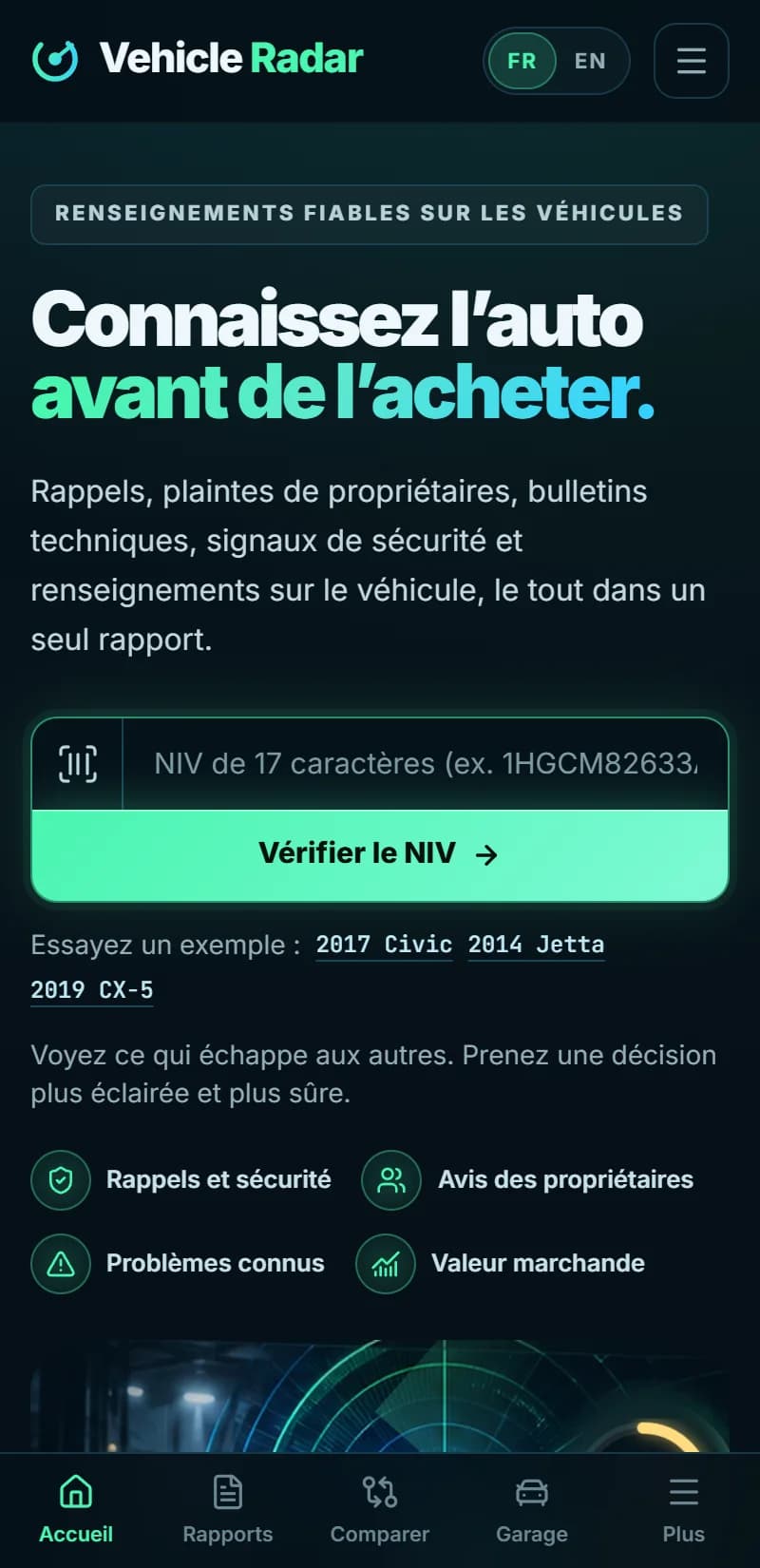 Vehicle Radar — Accueil sur mobile