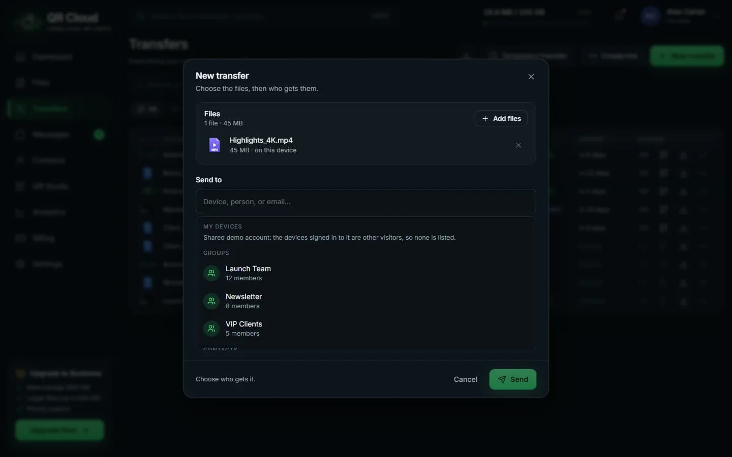 QR Cloud — Sending: who to send to? (devices, contacts, link, QR code)