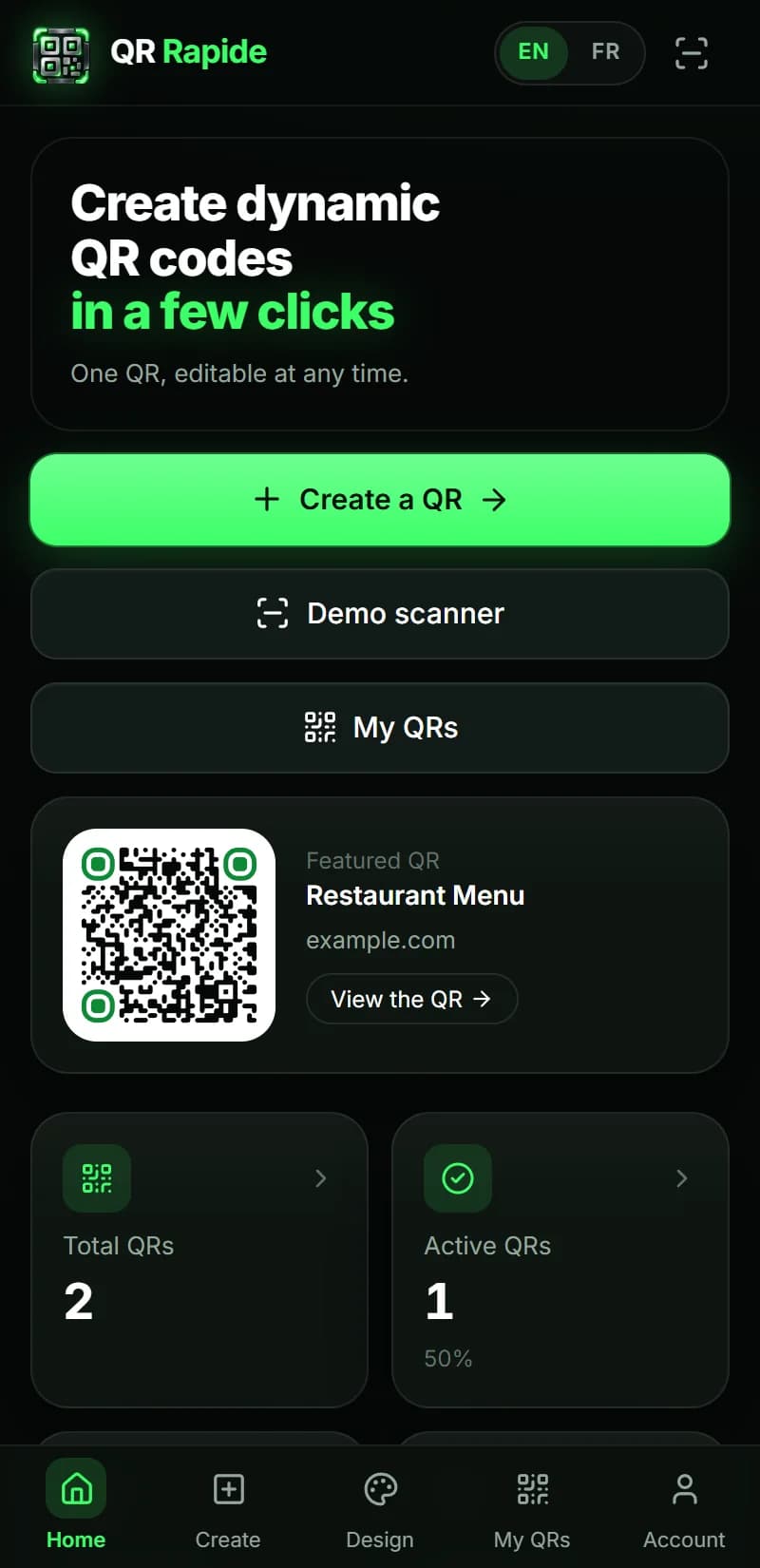 QR Rapide — Dashboard on mobile
