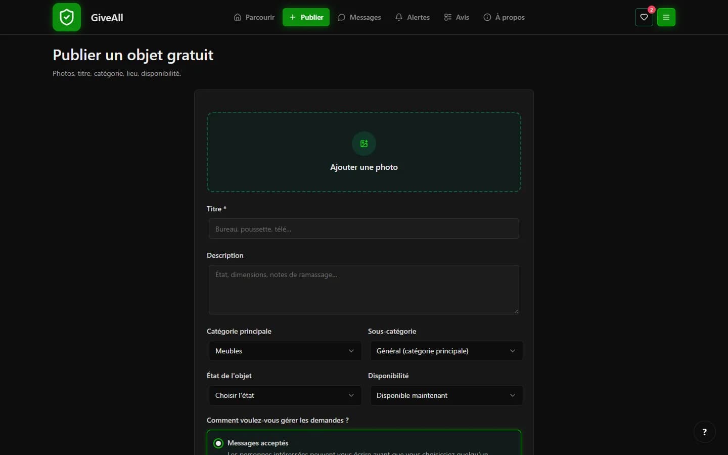 GiveAll — Publier un objet