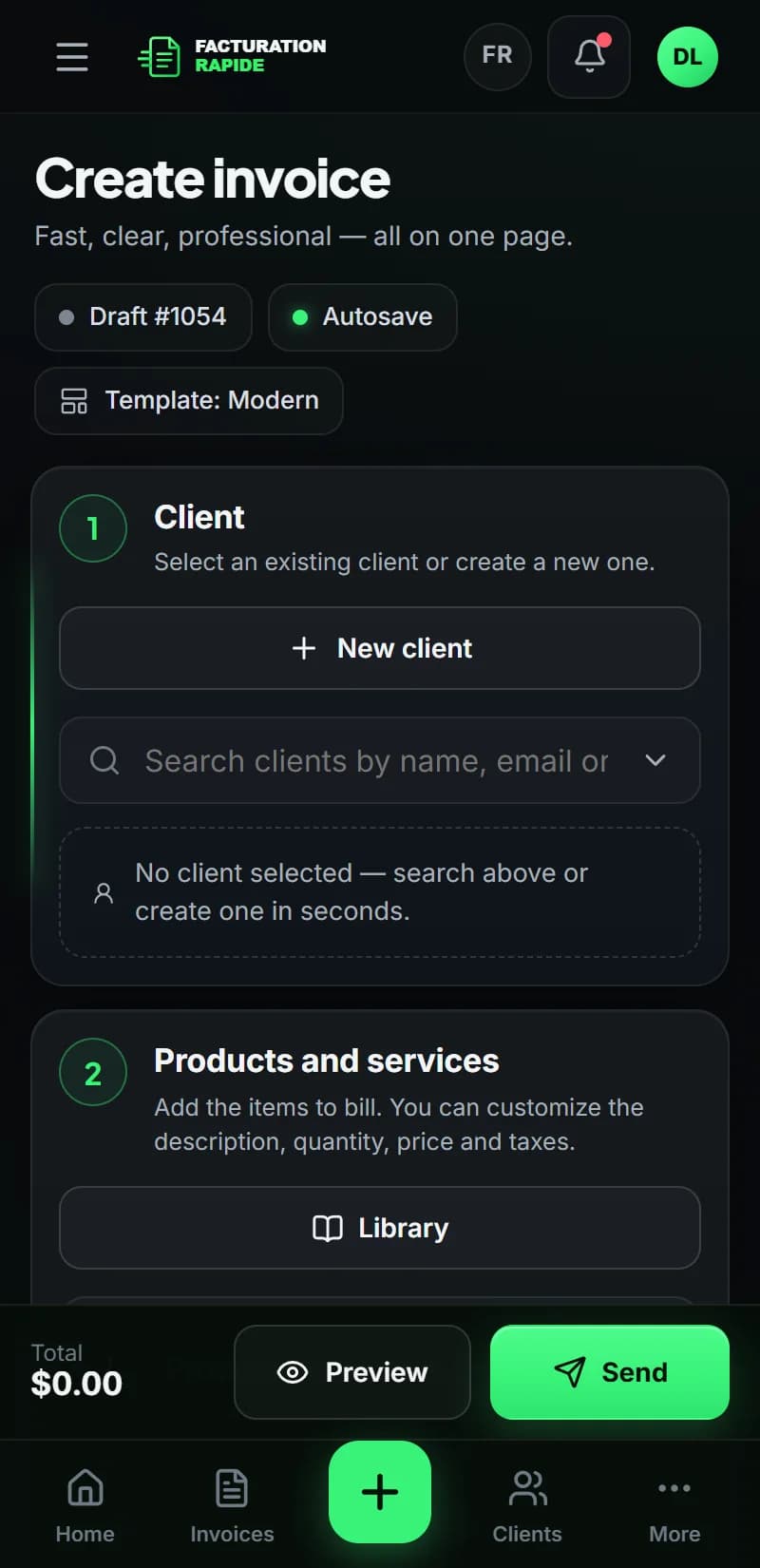 Facturation Rapide — New invoice on mobile