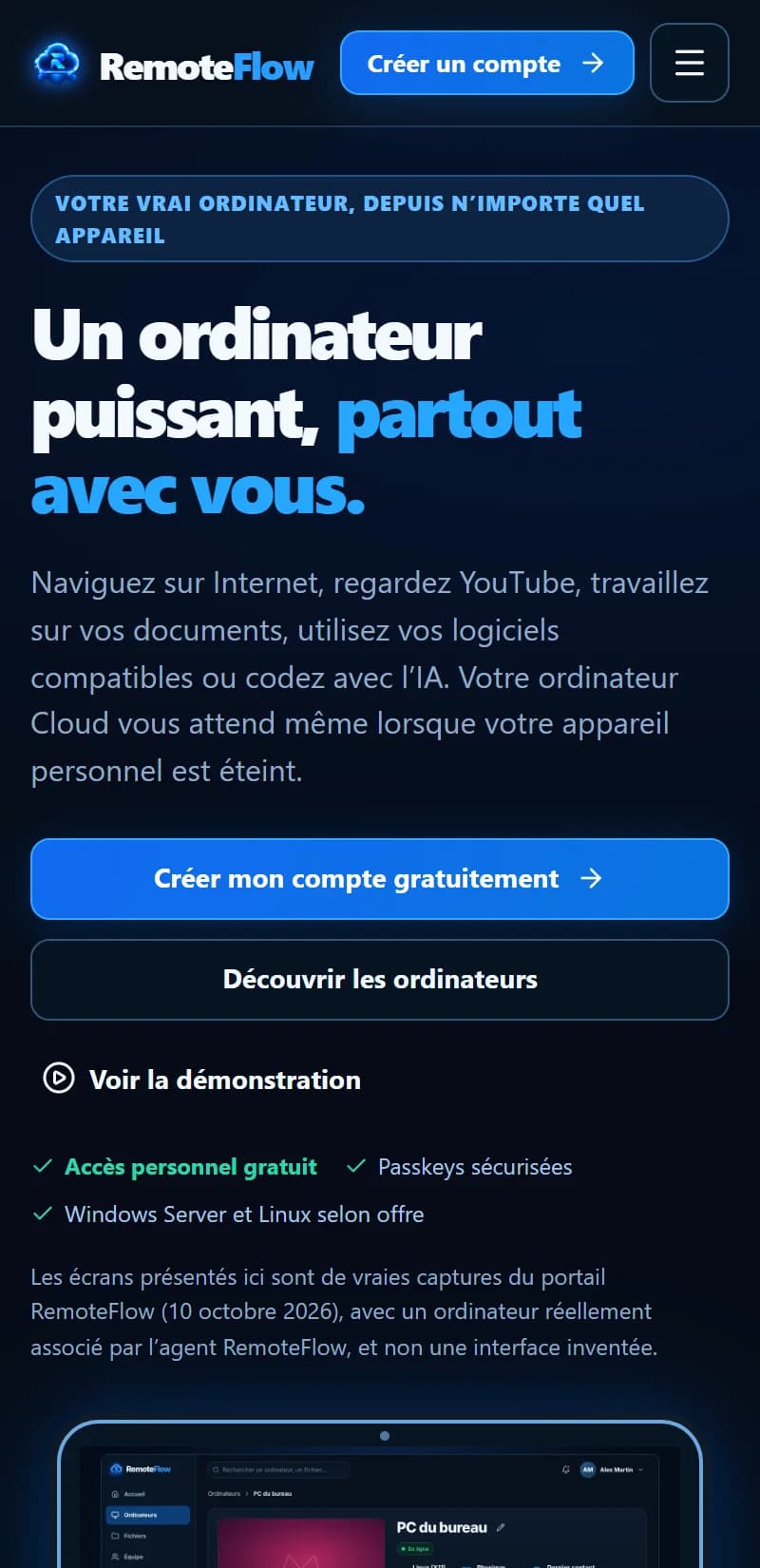 RemoteFlow — Accueil sur mobile