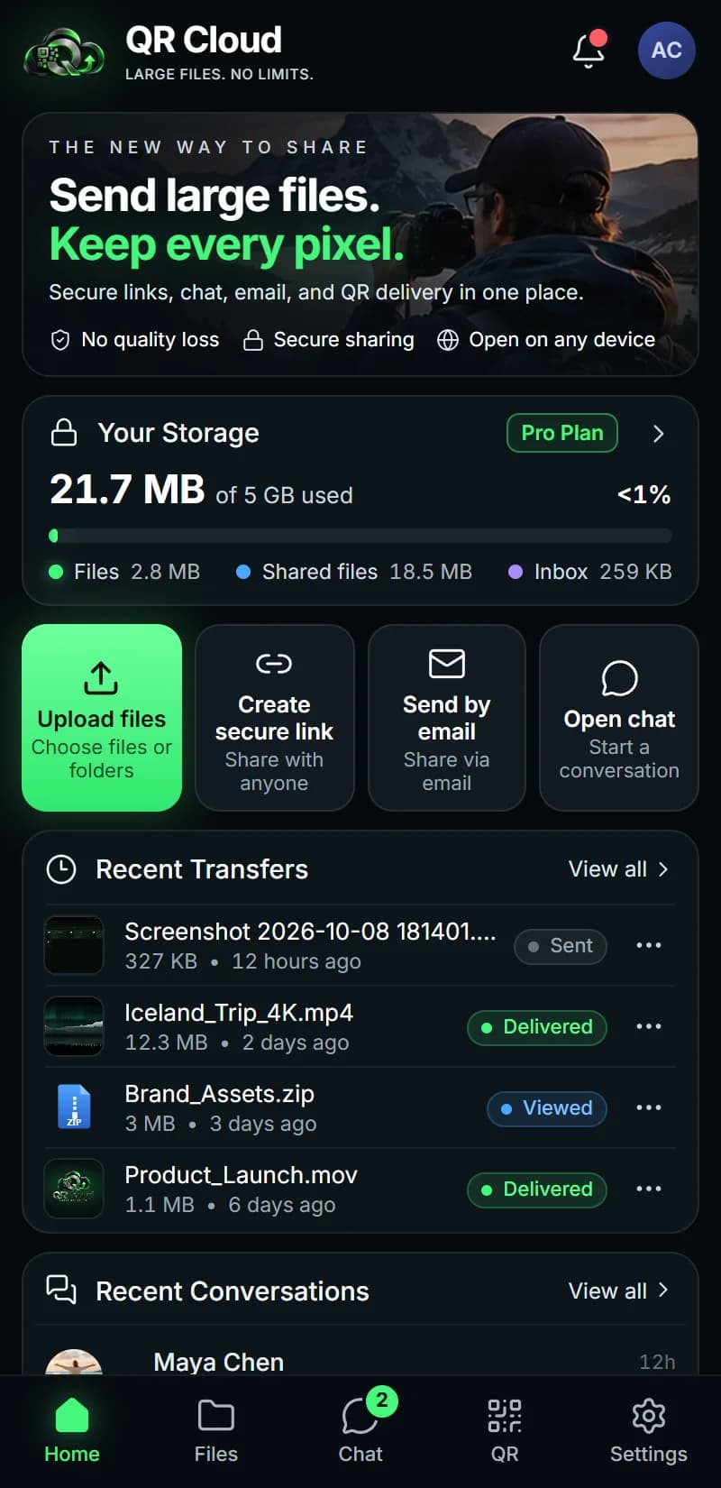 QR Cloud — Dashboard on mobile