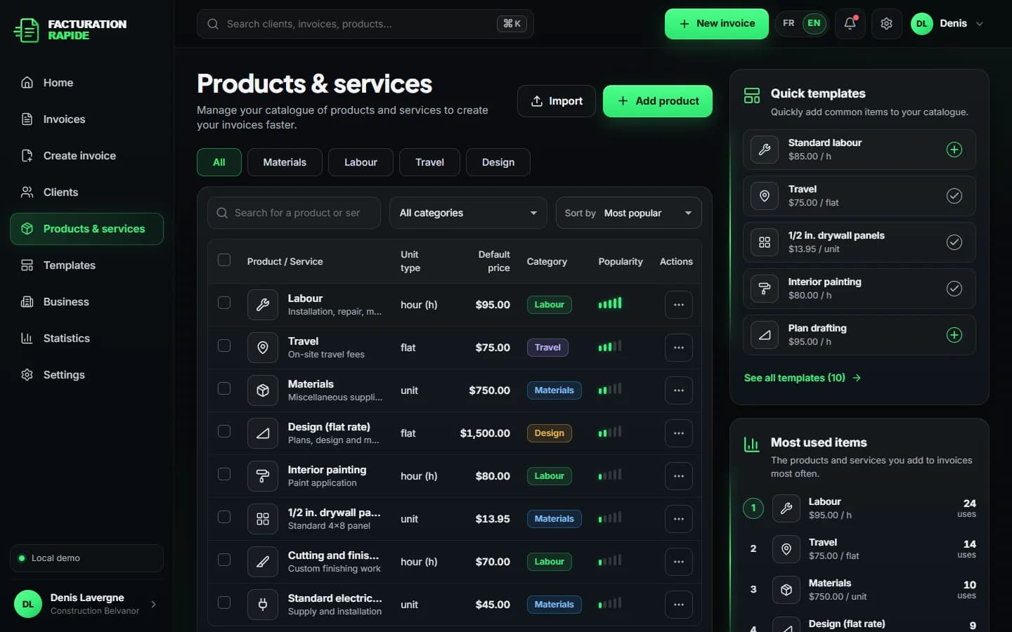 Facturation Rapide — Products and services