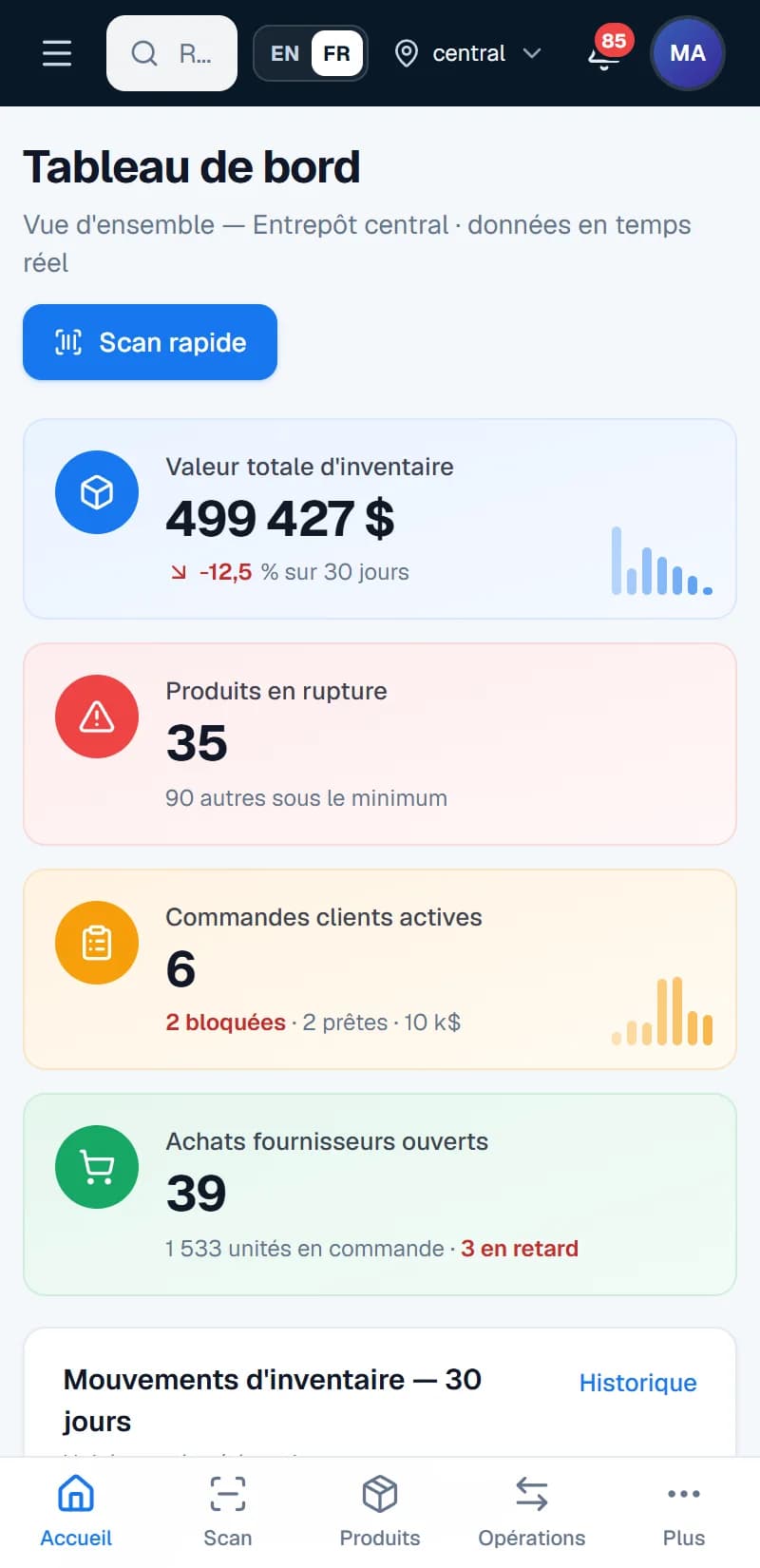 Xanotek Inventory — Tableau de bord sur mobile