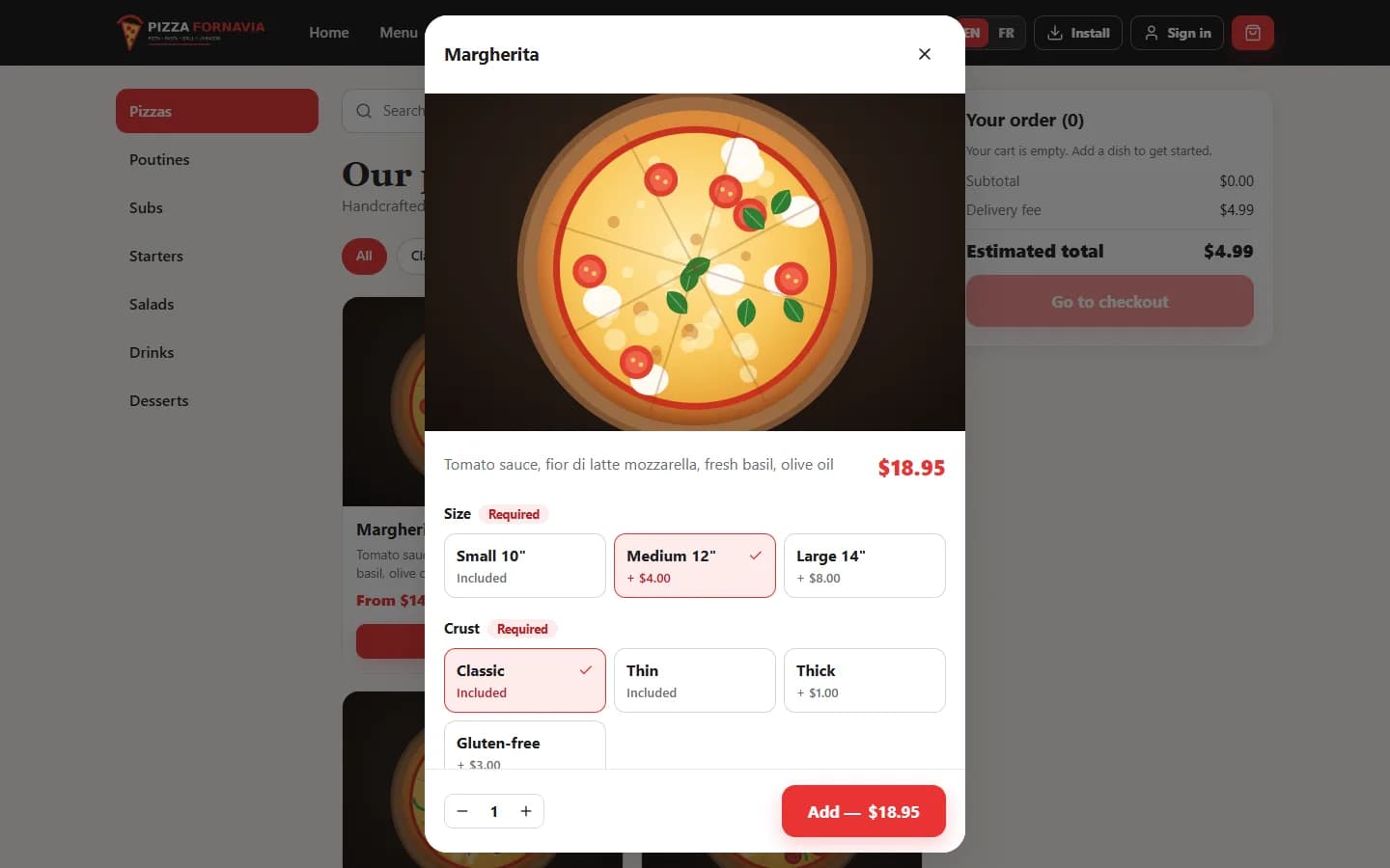 Delivery App — Sizes, crusts and extras