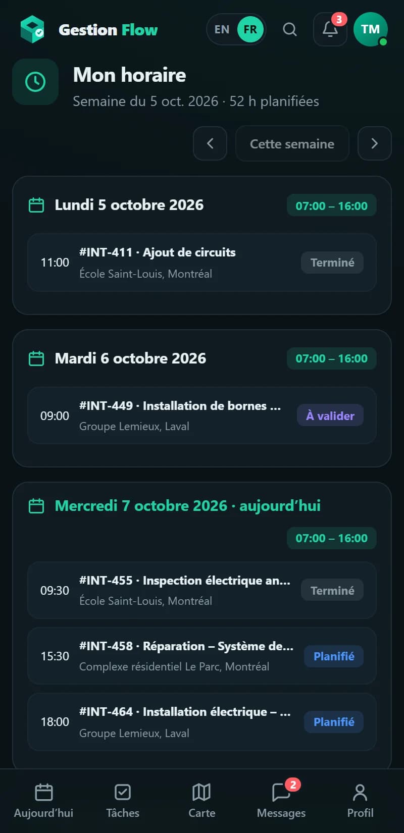 Gestion Flow — Horaire sur mobile