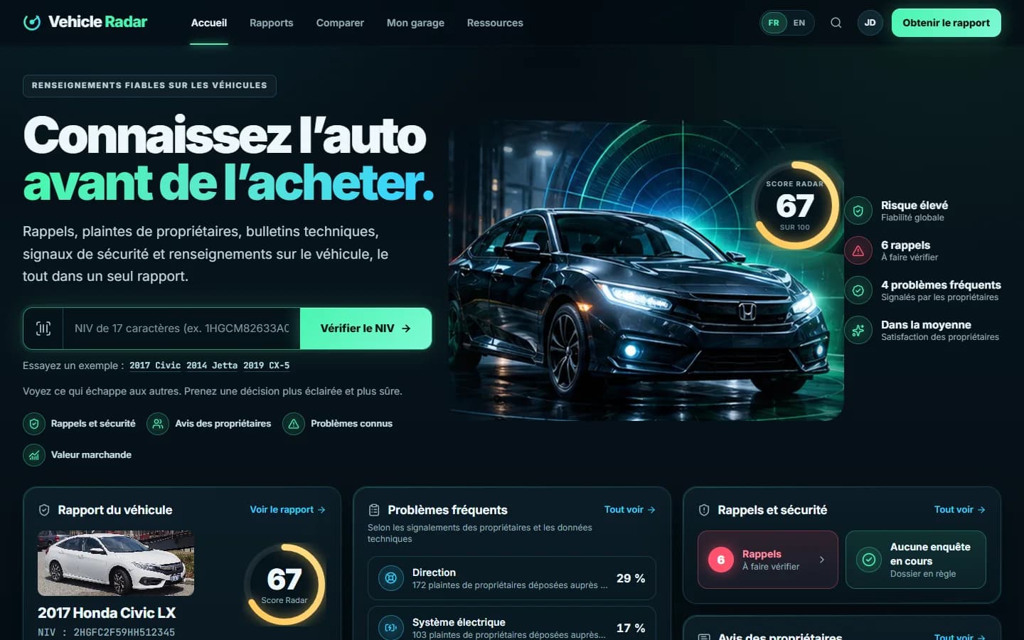 Vehicle Radar — Accueil et recherche par NIV