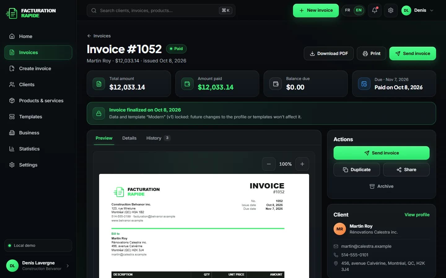 Facturation Rapide — Invoice and PDF