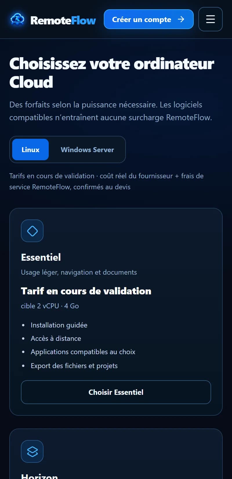 RemoteFlow — Forfaits sur mobile