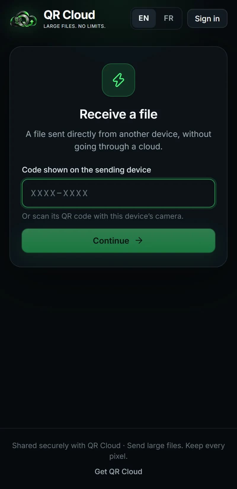 QR Cloud — Receiving a file directly, without an account