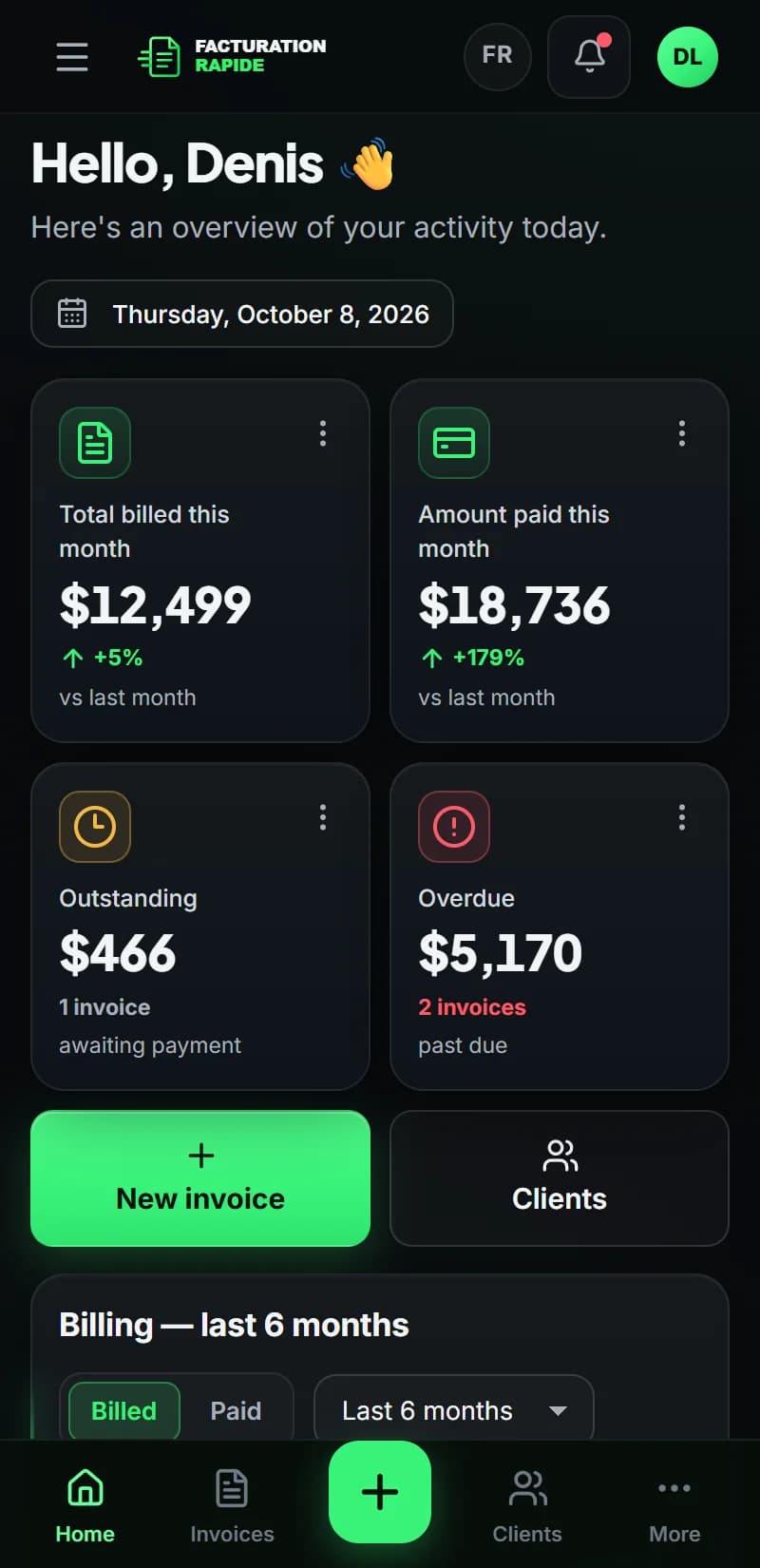 Facturation Rapide — Dashboard on mobile