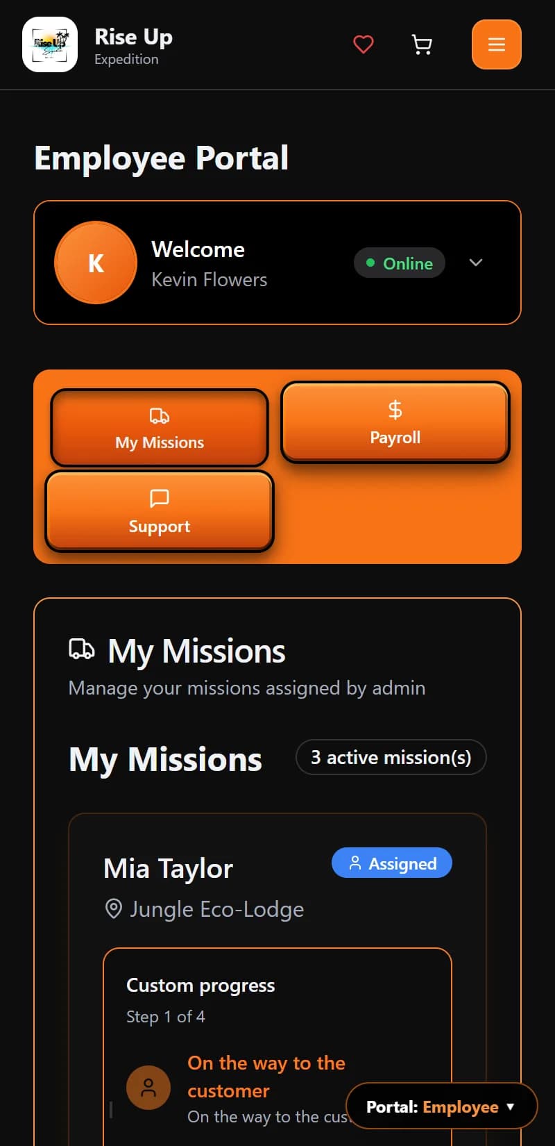 Rise Up Expedition — Employee portal on mobile: missions