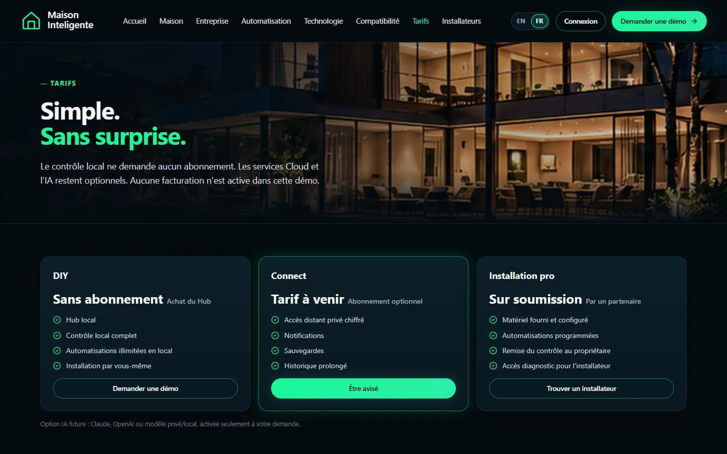 Maison Inteligente — Tarifs
