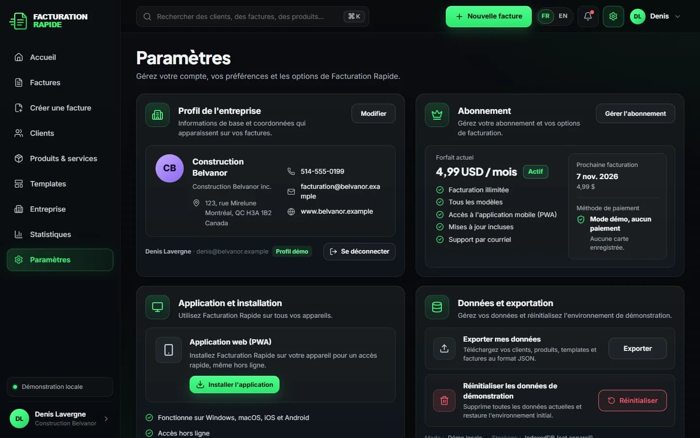 Facturation Rapide — Paramètres et forfait