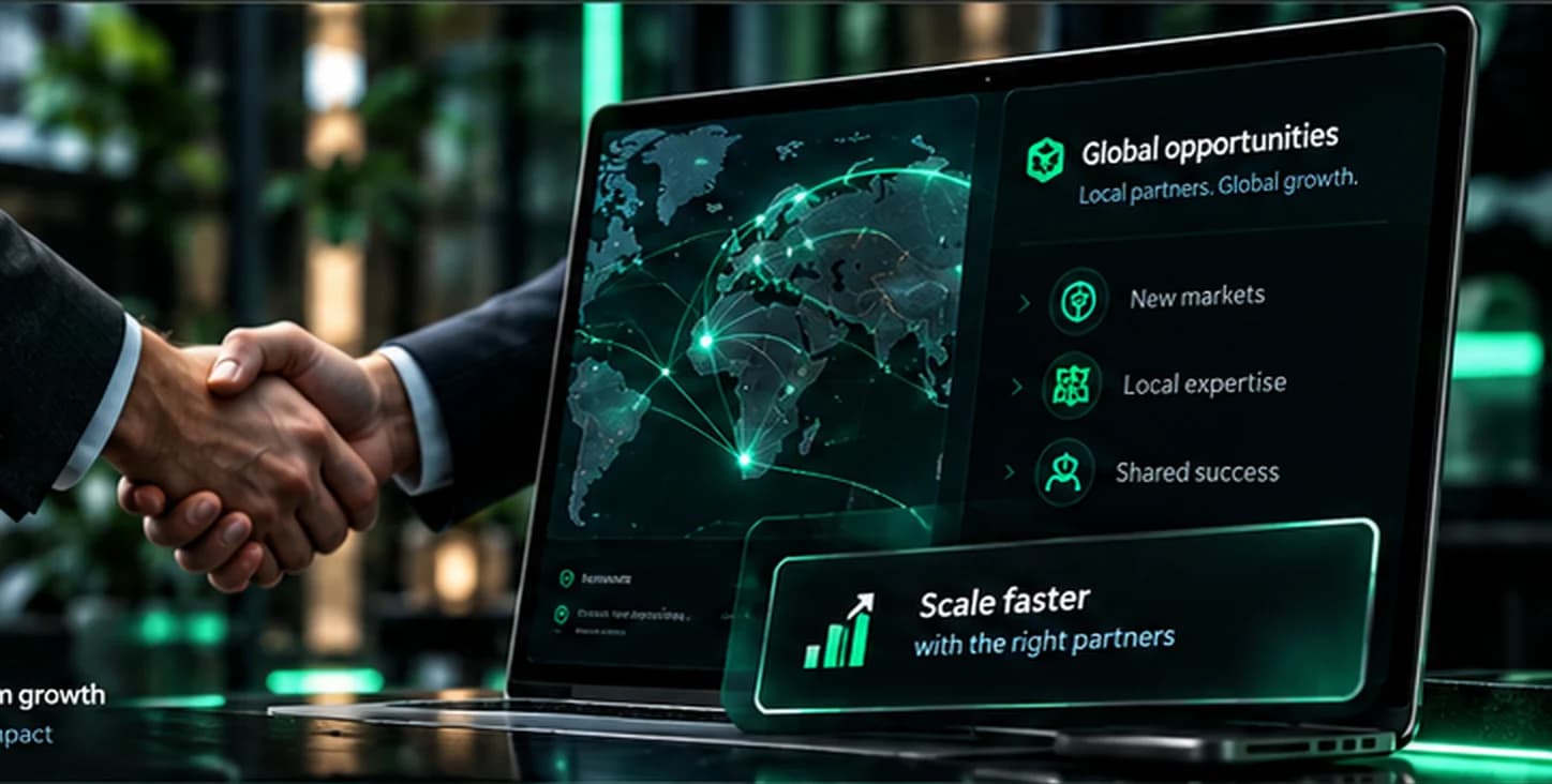 A handshake in front of a laptop showing a partnership dashboard